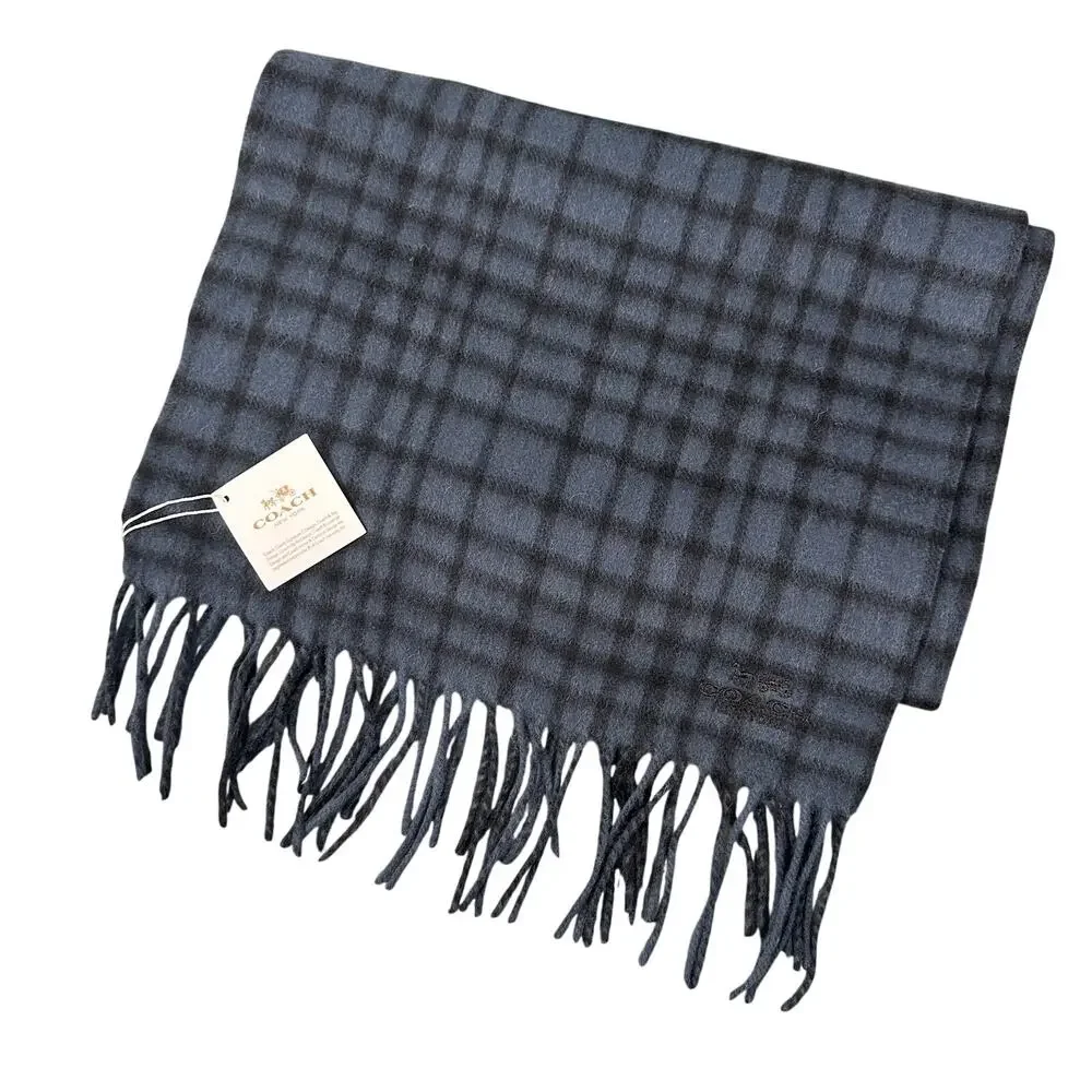 Coach Wild Plaid Scarf Wool Cashmere Navy Black